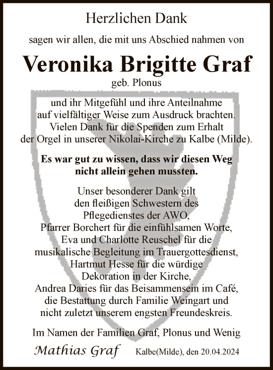 Traueranzeige von Veronika Brigitte Graf von UEL