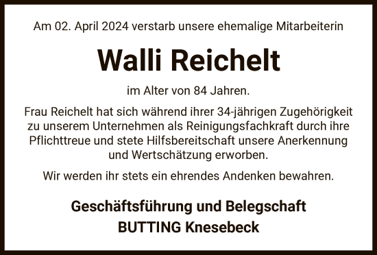 Traueranzeige von Walli Reichelt von UEL