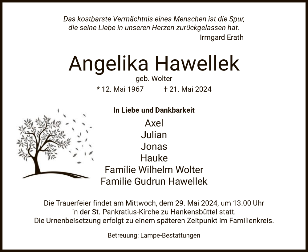  Traueranzeige für Angelika Hawellek vom 24.05.2024 aus UEL