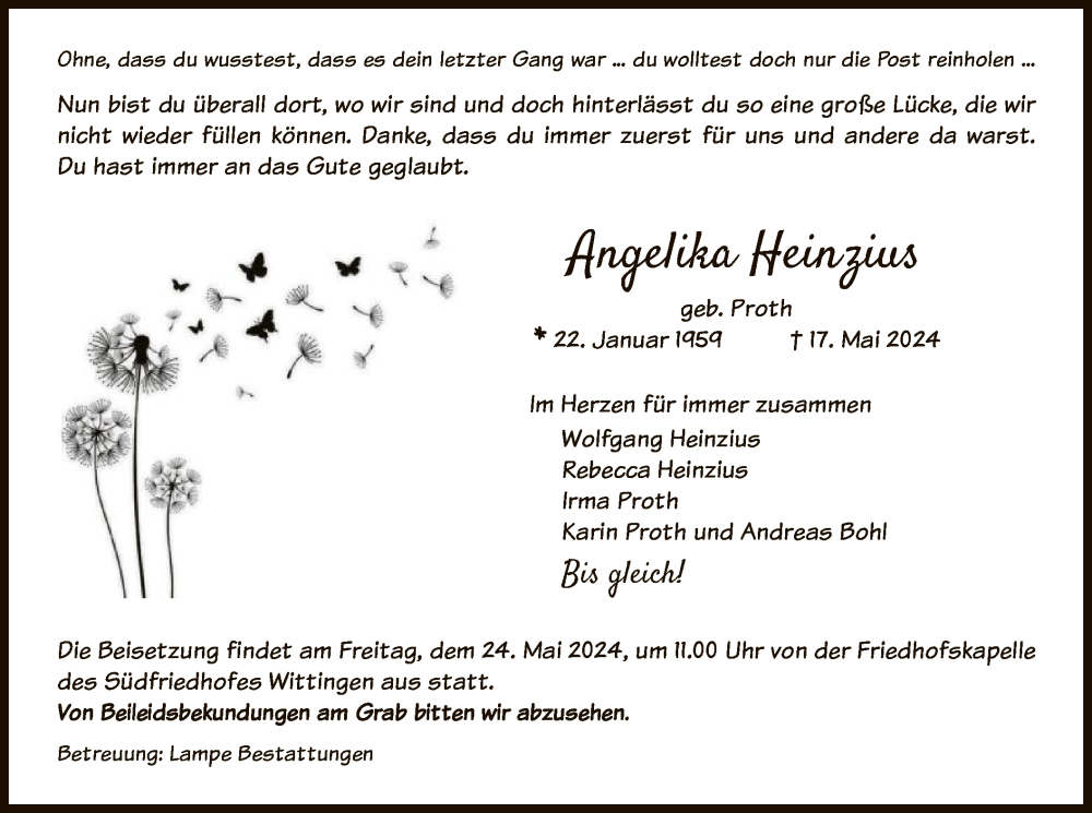  Traueranzeige für Angelika Heinzius vom 23.05.2024 aus UEL