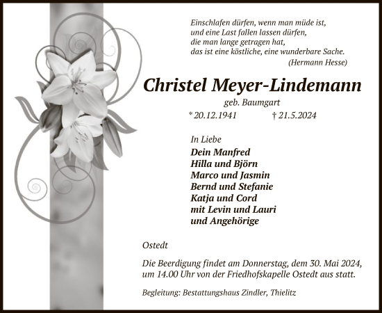 Traueranzeige von Christel Meyer-Lindemann von UEL