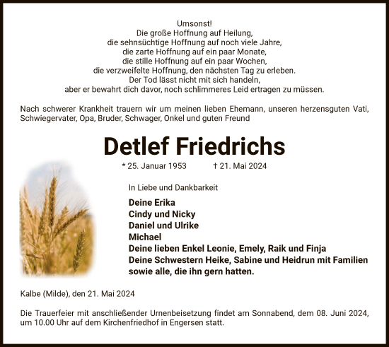 Traueranzeige von Detlef Friedrichs von UEL