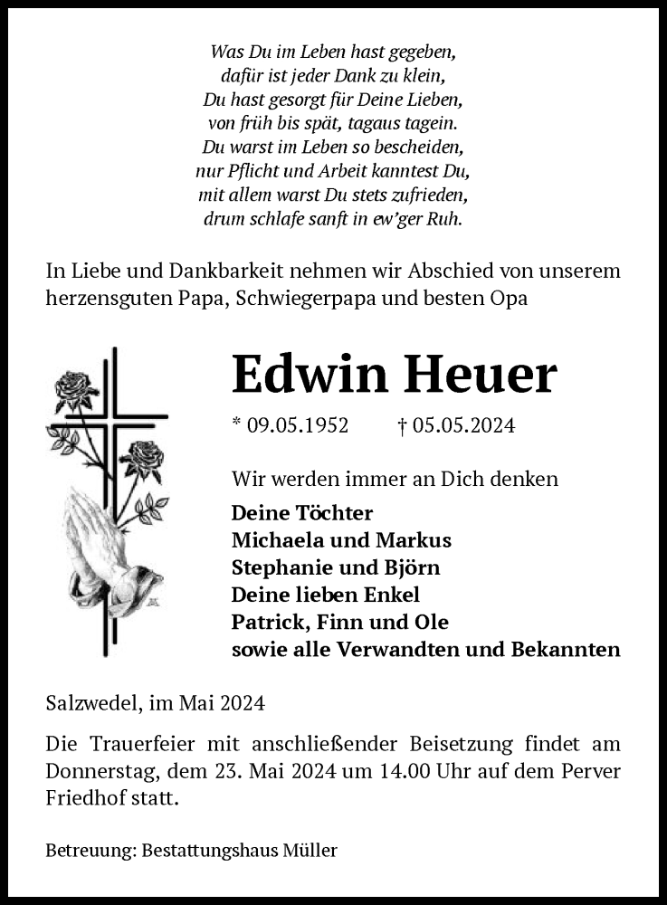  Traueranzeige für Edwin Heuer vom 10.05.2024 aus UEL