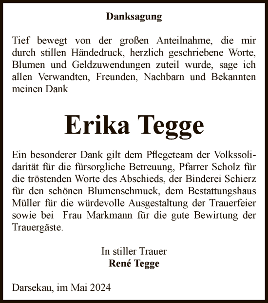 Traueranzeige von Erika Tegge von UEL