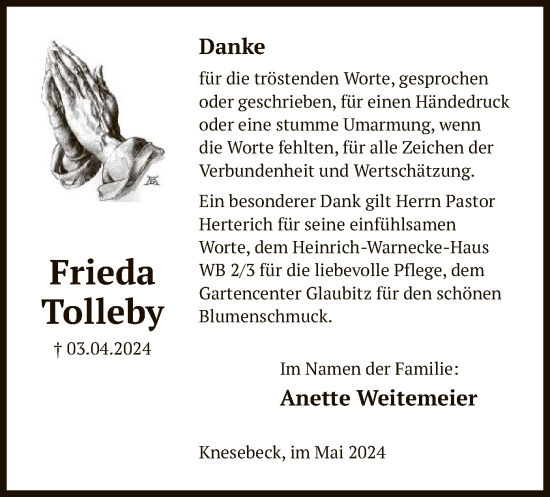 Traueranzeige von Frieda Tolleby von UEL