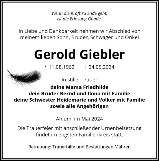 Traueranzeige von Gerold Giebler von UEL