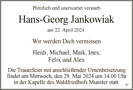 Traueranzeige von Hans-Georg Jankowiak von UEL