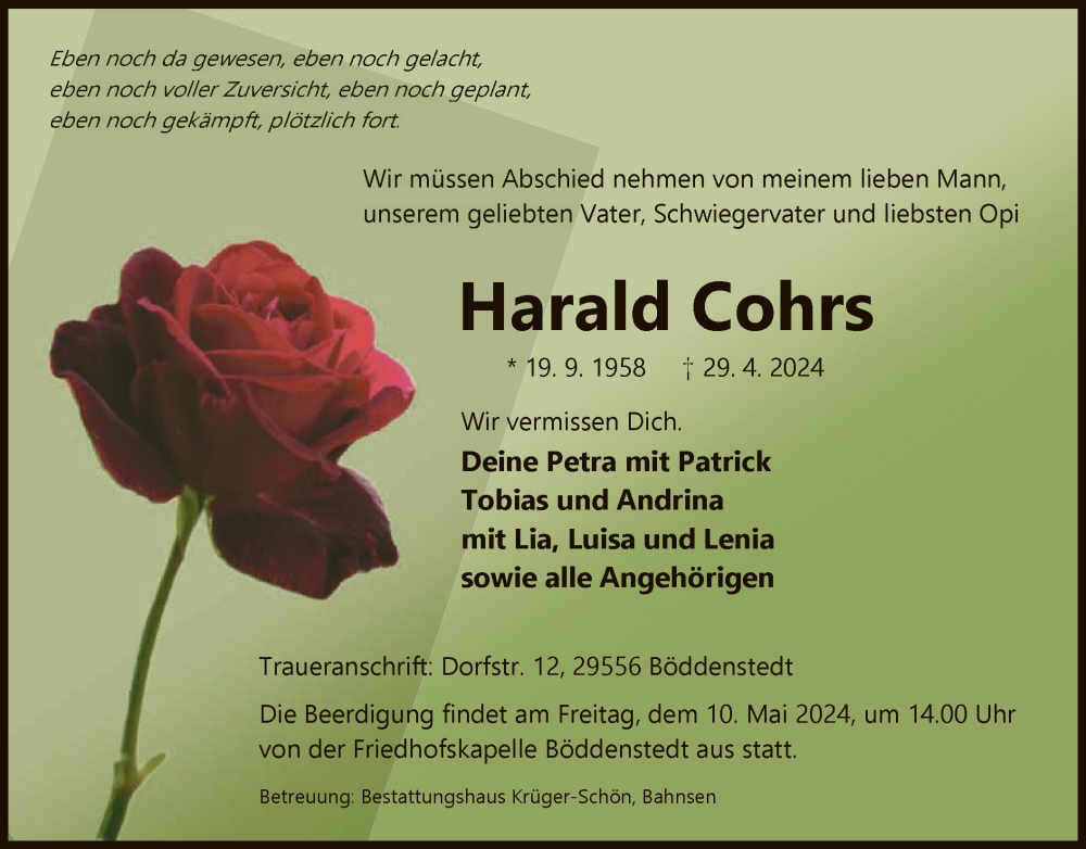  Traueranzeige für Harald Cohrs vom 04.05.2024 aus UEL