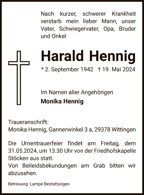 Traueranzeige von Harald Hennig von UEL