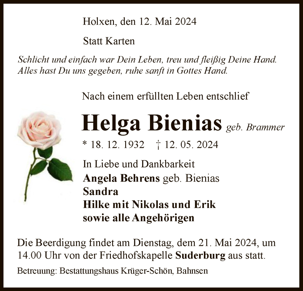  Traueranzeige für Helga Bienias vom 15.05.2024 aus UEL