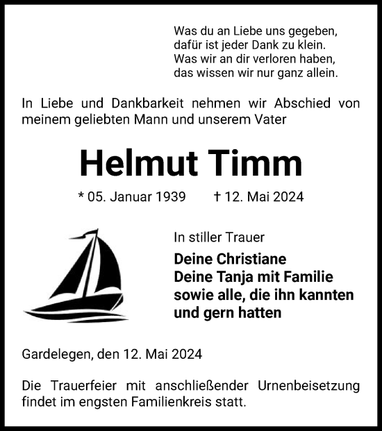 Traueranzeige von Helmut Timm von UEL