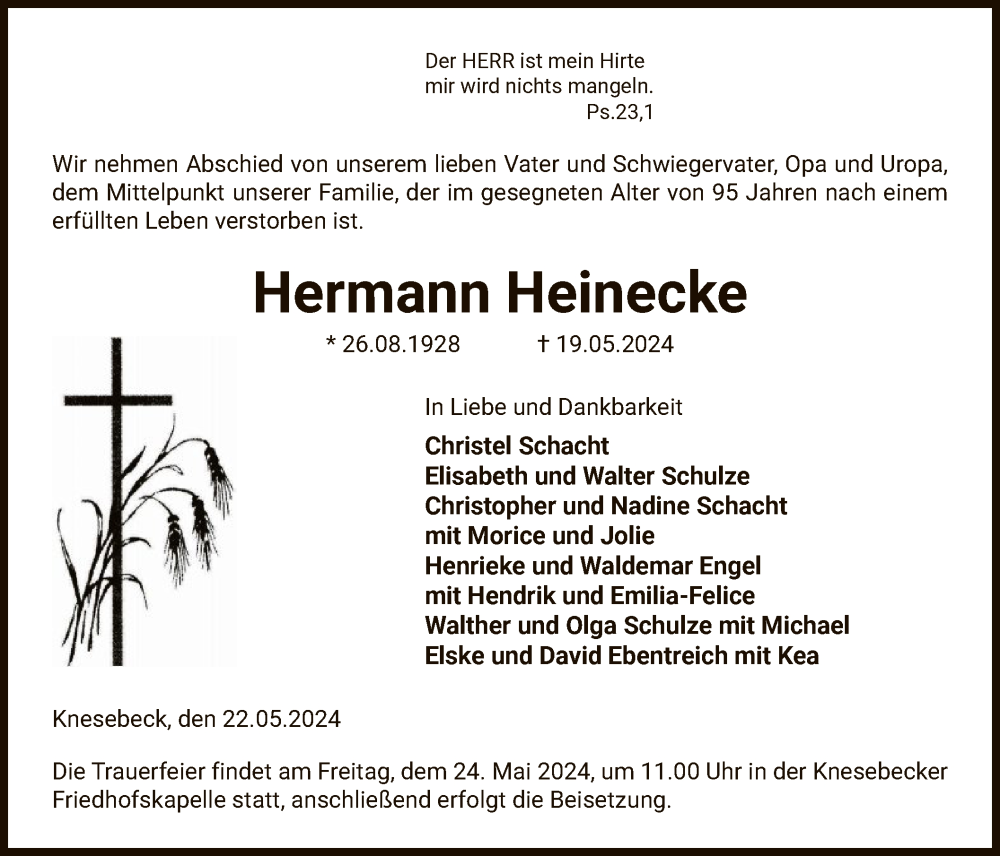  Traueranzeige für Hermann Heinecke vom 22.05.2024 aus UEL