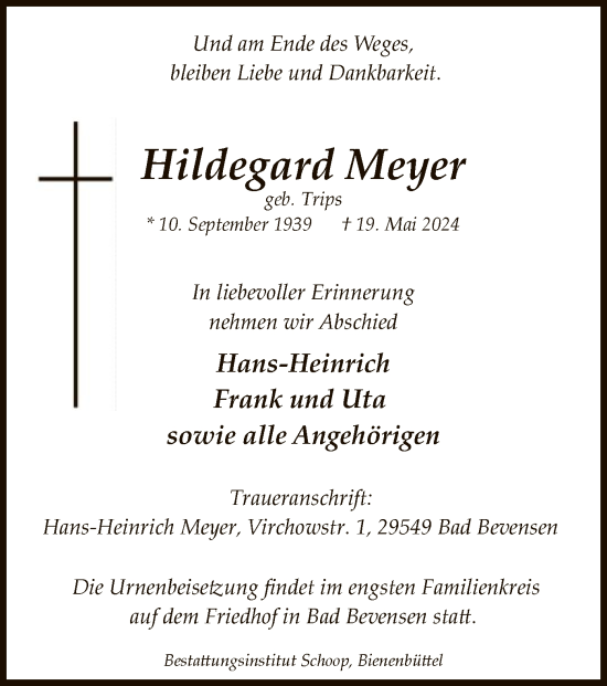 Traueranzeige von Hildegard Meyer von UEL