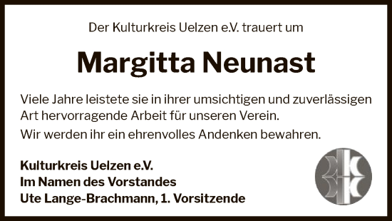 Traueranzeige von Margitta Neunast von UEL