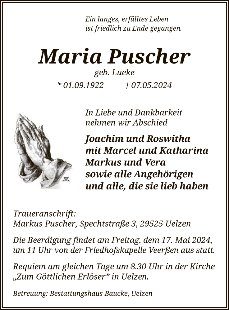  Traueranzeige für Maria Puscher vom 11.05.2024 aus UEL