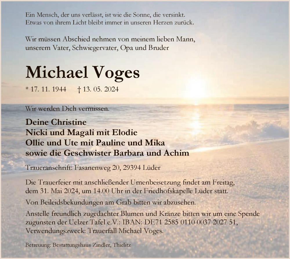  Traueranzeige für Michael Voges vom 18.05.2024 aus UEL