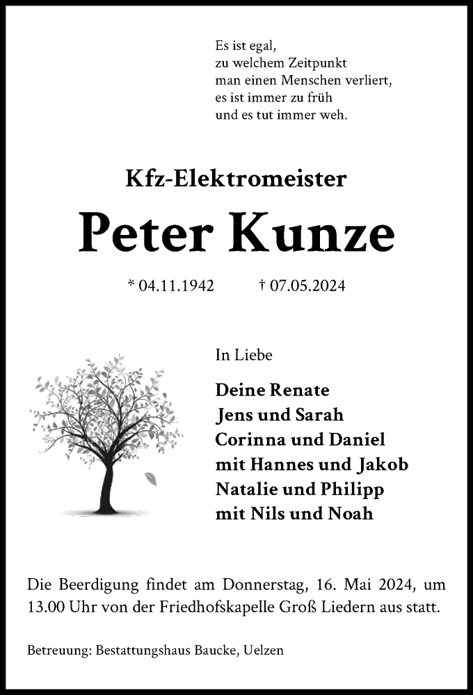  Traueranzeige für Peter Kunze vom 11.05.2024 aus UEL