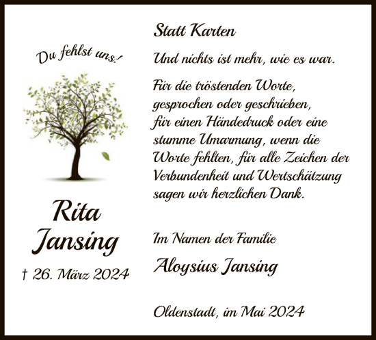 Traueranzeige von Rita Jansing von UEL