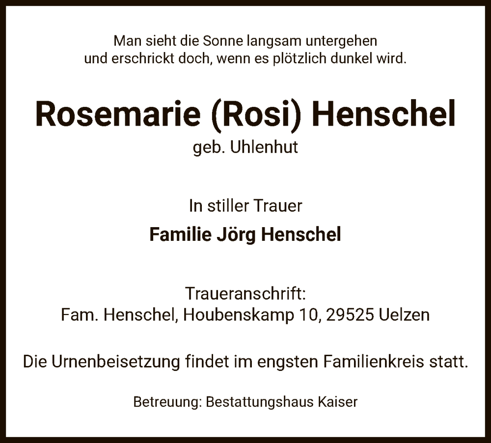  Traueranzeige für Rosemarie  Henschel vom 04.05.2024 aus UEL