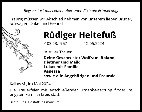 Traueranzeige von Rüdiger Heitefuß von UEL