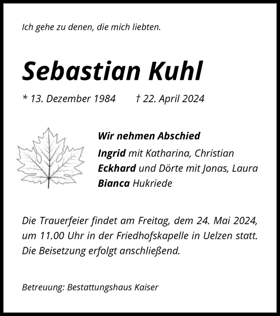 Traueranzeige von Sebastian Kuhl von UEL