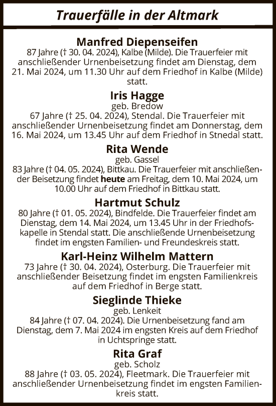 Traueranzeige von Sterbetafel vom 11.05.2024 von UEL