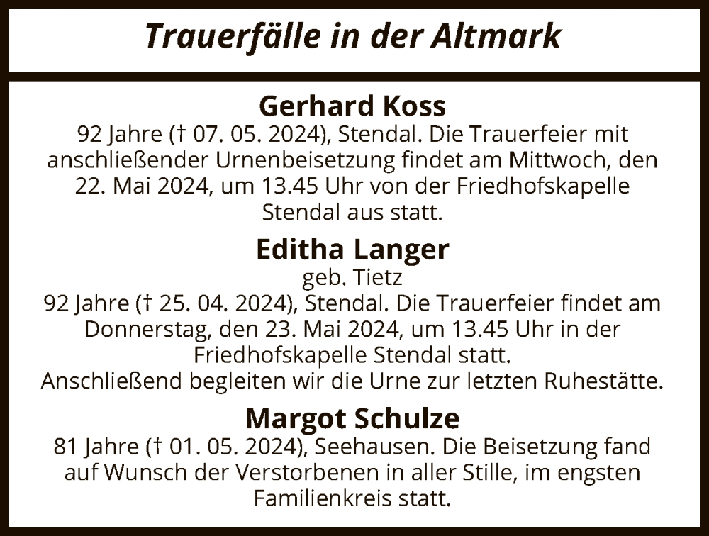  Traueranzeige für Sterbetafel vom 18.05.2024 vom 18.05.2024 aus UEL