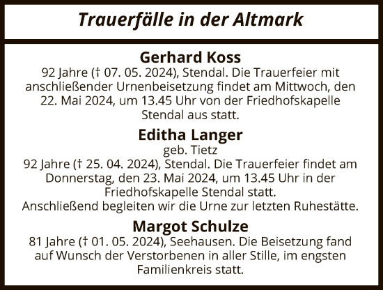 Traueranzeige von Sterbetafel vom 18.05.2024 von UEL