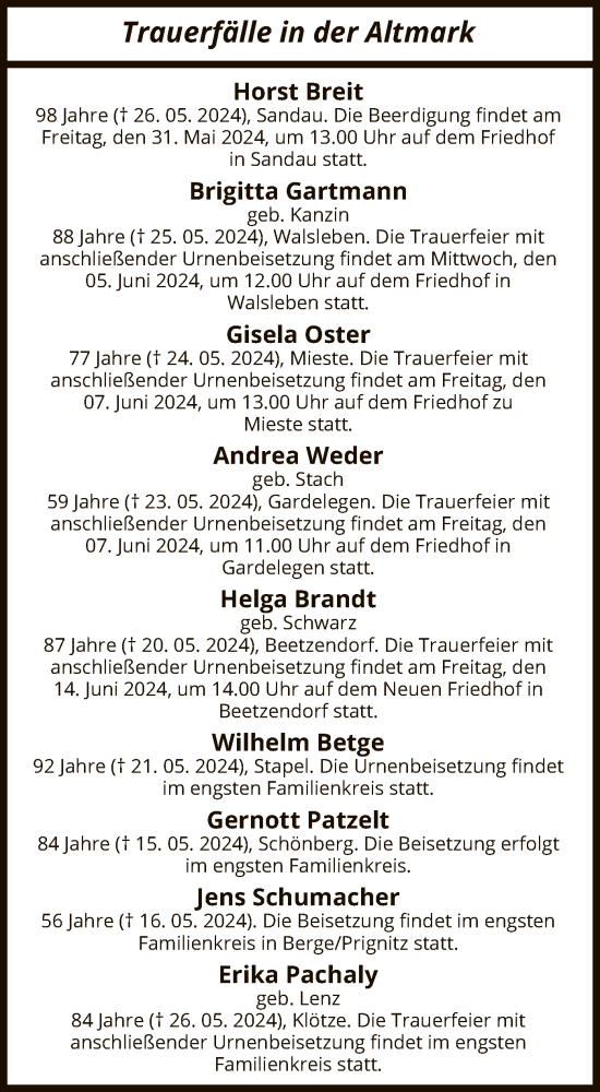Traueranzeige von Sterbetafel vom 30.05.2024 von UEL