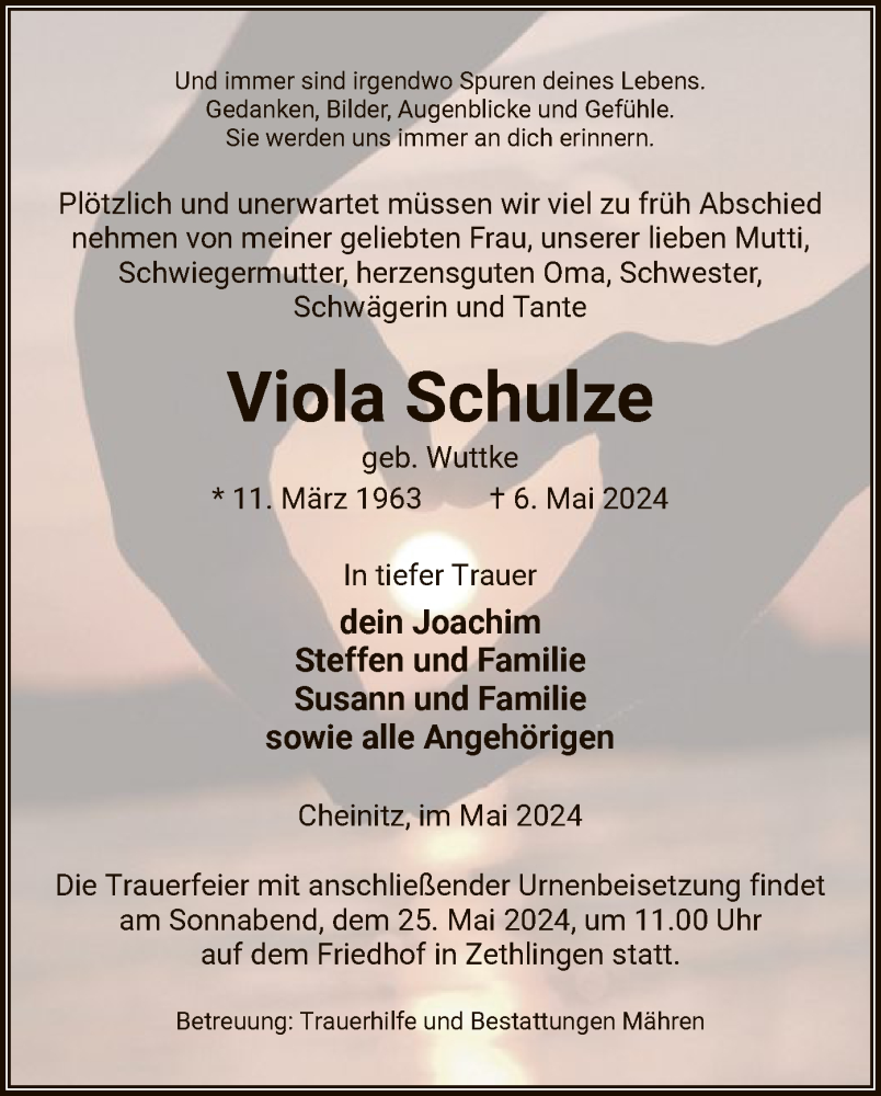  Traueranzeige für Viola Schulze vom 10.05.2024 aus UEL