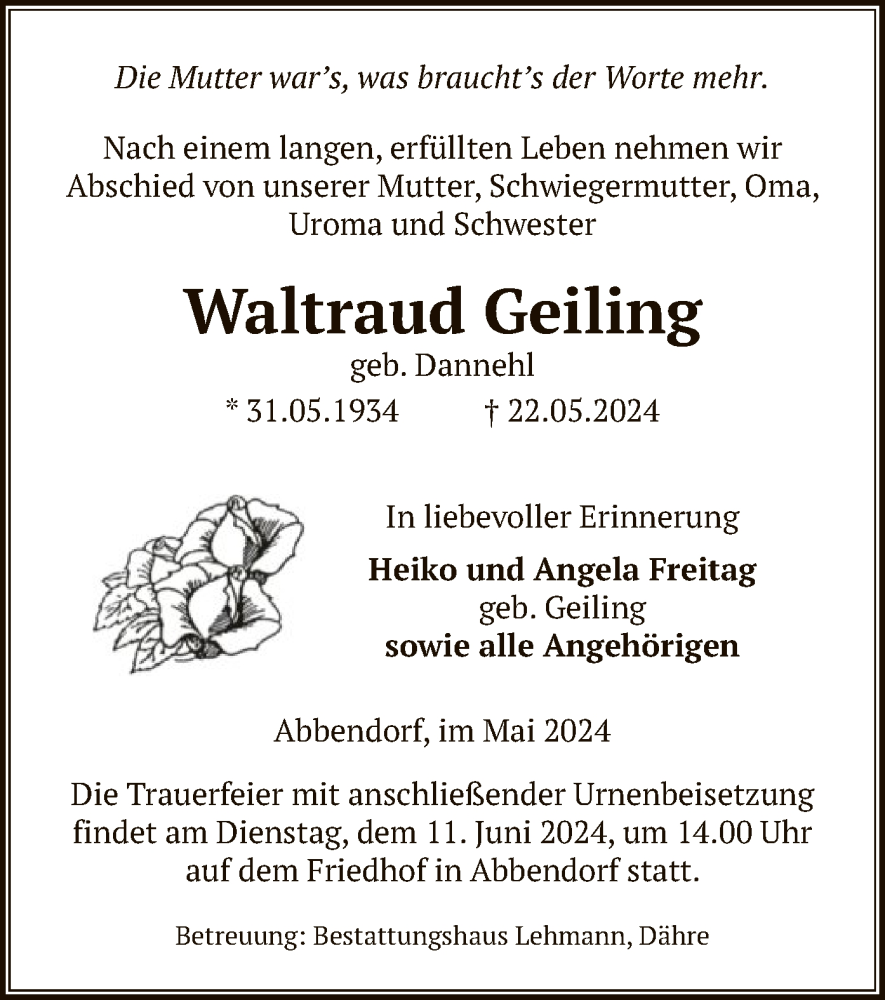  Traueranzeige für Waltraud Geiling vom 24.05.2024 aus UEL