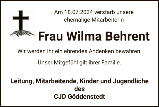 Traueranzeige von Wilma Behrent von UEL