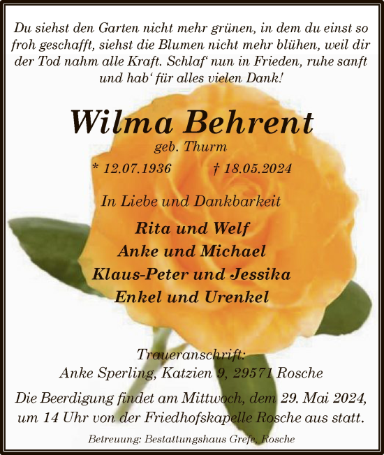 Traueranzeige von Wilma Behrent von UEL