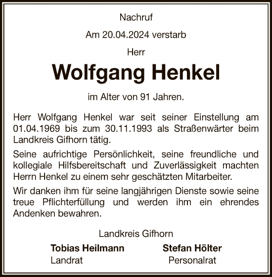 Traueranzeige von Wolfgang Henkel von UEL