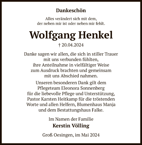 Traueranzeige von Wolfgang Henkel von UEL