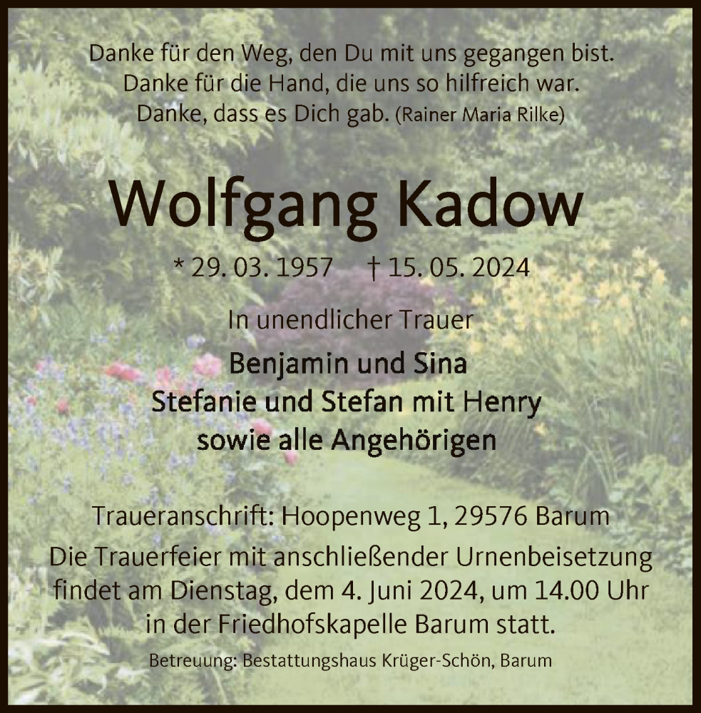  Traueranzeige für Wolfgang Kadow vom 18.05.2024 aus UEL