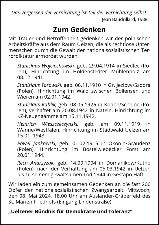 Traueranzeige von Zum Gedenken  von UEL