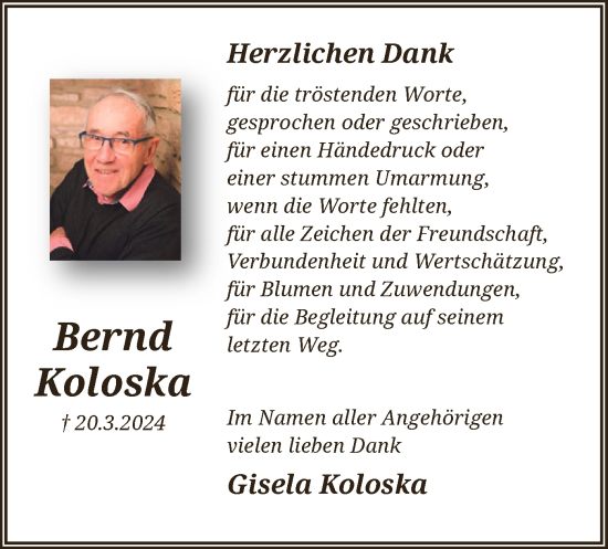 Traueranzeige von Bernd Koloska von UEL