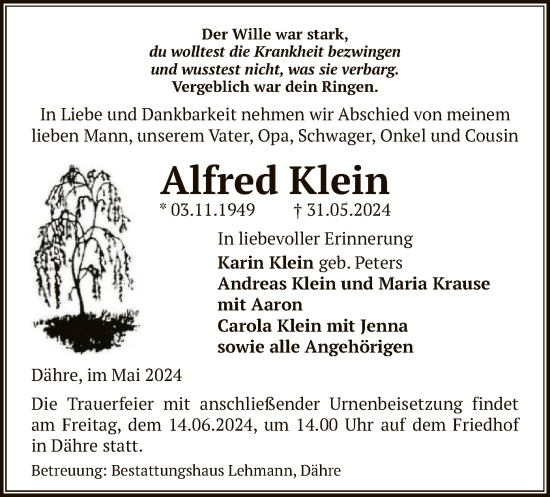 Traueranzeige von Alfred Klein von UEL