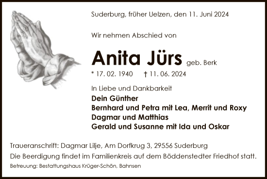 Traueranzeige von Anita Jürs von UEL