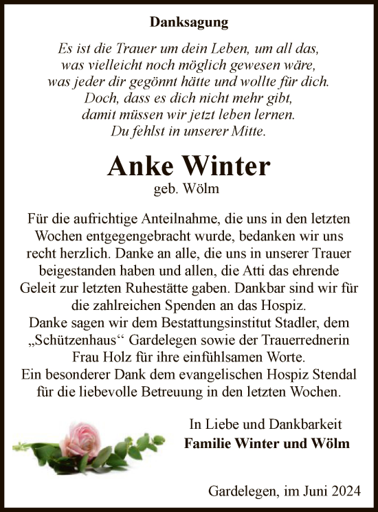 Traueranzeige von Anke Winter von UEL