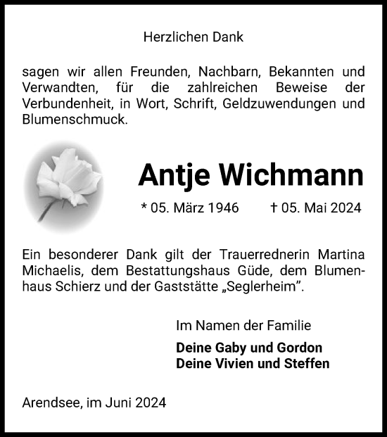 Traueranzeige von Antje Wichmann von UEL