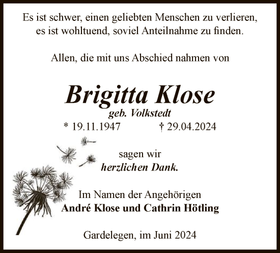 Traueranzeige von Brigitta Klose von UEL