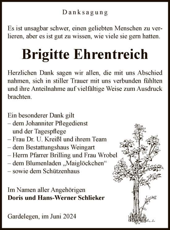 Traueranzeige von Brigitte Ehrentreich von UEL