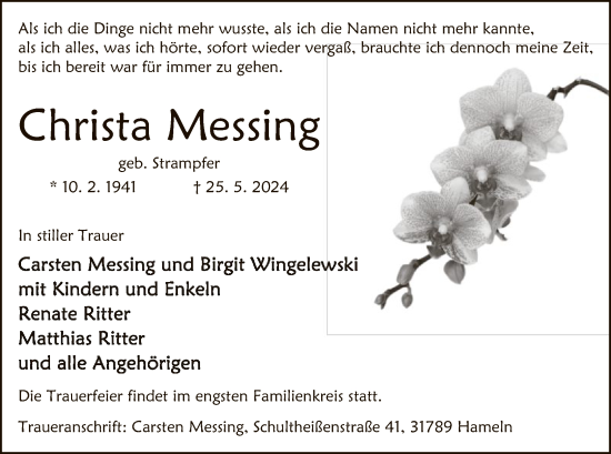 Traueranzeige von Christa Messing von UEL
