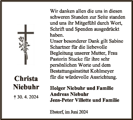 Traueranzeige von Christa Niebuhr von UEL