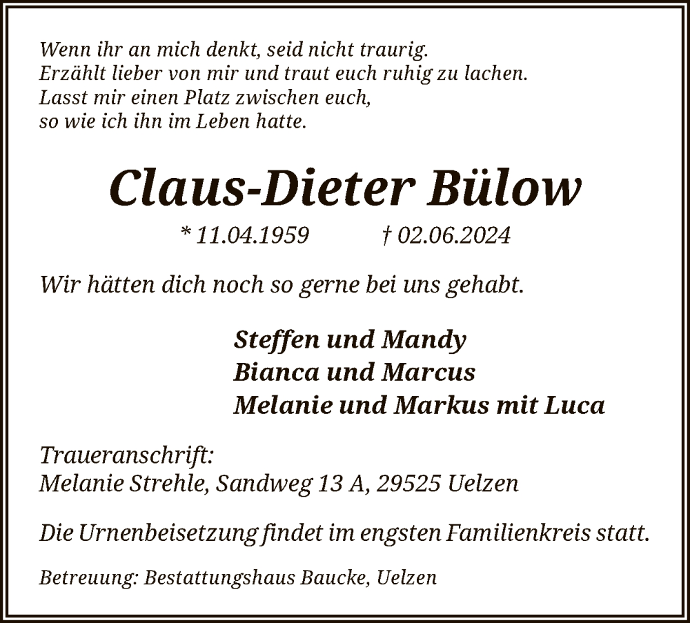  Traueranzeige für Claus-Dieter Bülow vom 08.06.2024 aus UEL