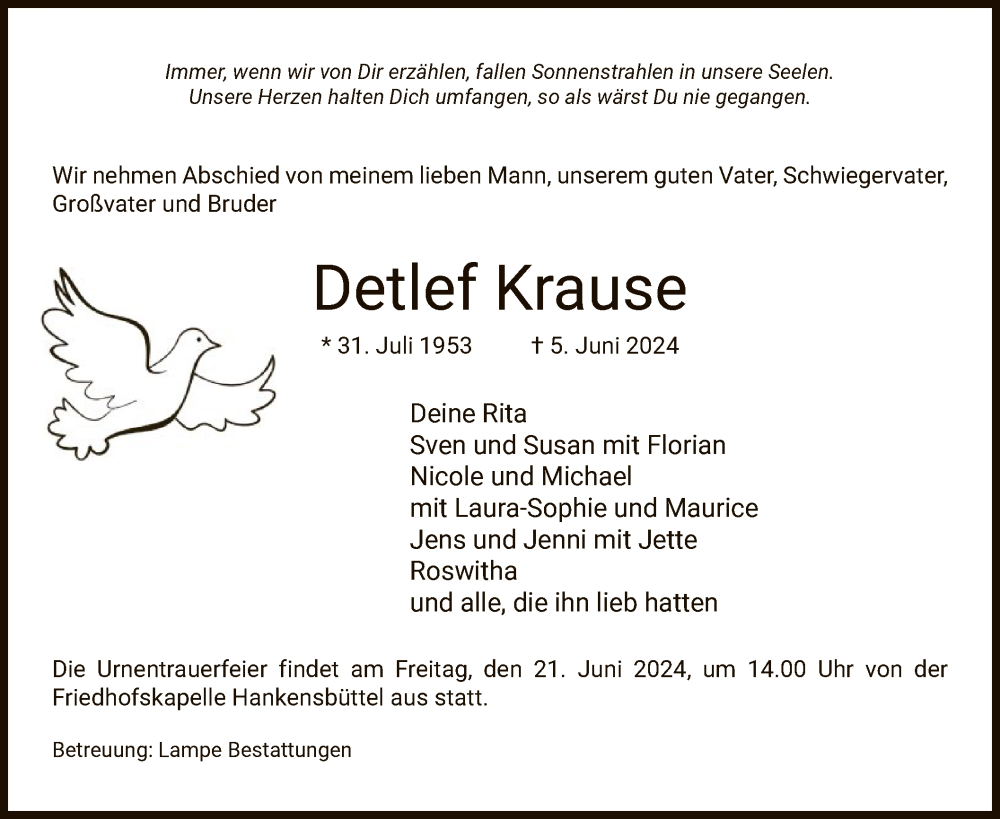  Traueranzeige für Detlef Krause vom 08.06.2024 aus UEL
