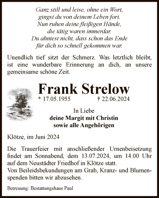 Traueranzeige von Frank Strelow von UEL