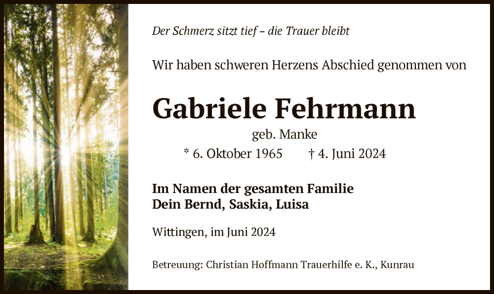  Traueranzeige für Gabriele Fehrmann vom 15.06.2024 aus UEL